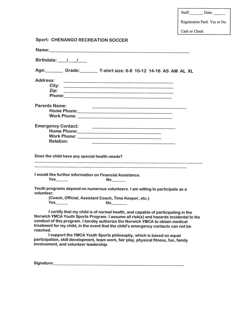 YMCA Fall Soccer Registration Form
