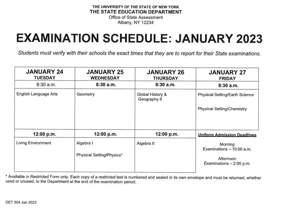 January Regents Exam Schedule